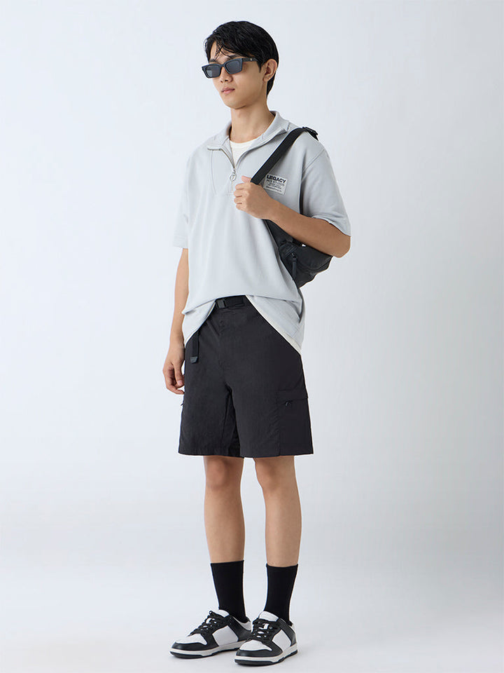 Studiofit Black Solid Relaxed-Fit Mid-Rise Shorts