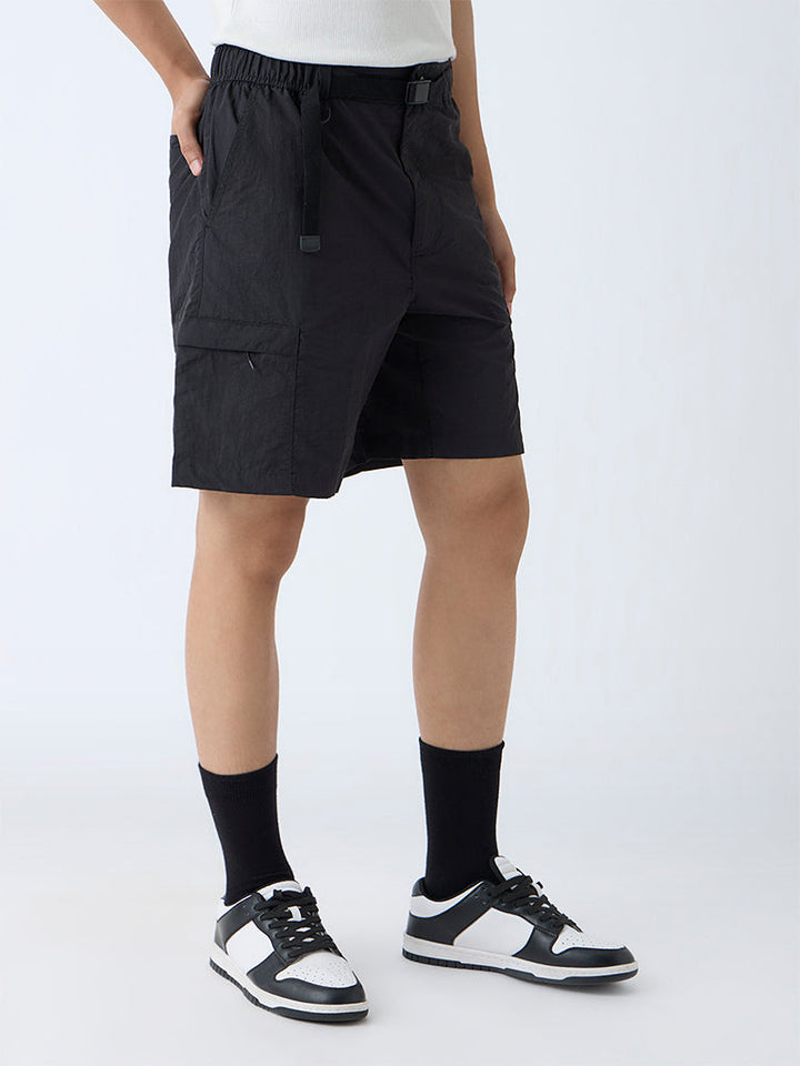 Studiofit Black Solid Relaxed-Fit Mid-Rise Shorts
