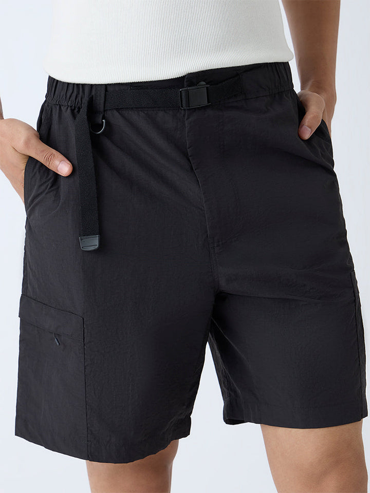 Studiofit Black Solid Relaxed-Fit Mid-Rise Shorts
