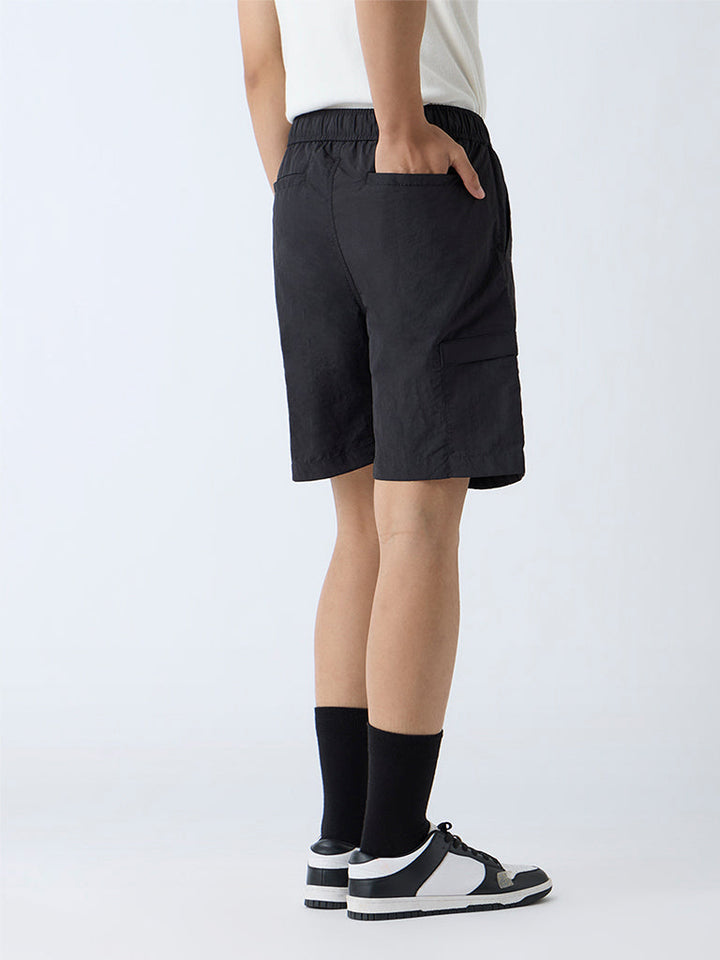 Studiofit Black Solid Relaxed-Fit Mid-Rise Shorts