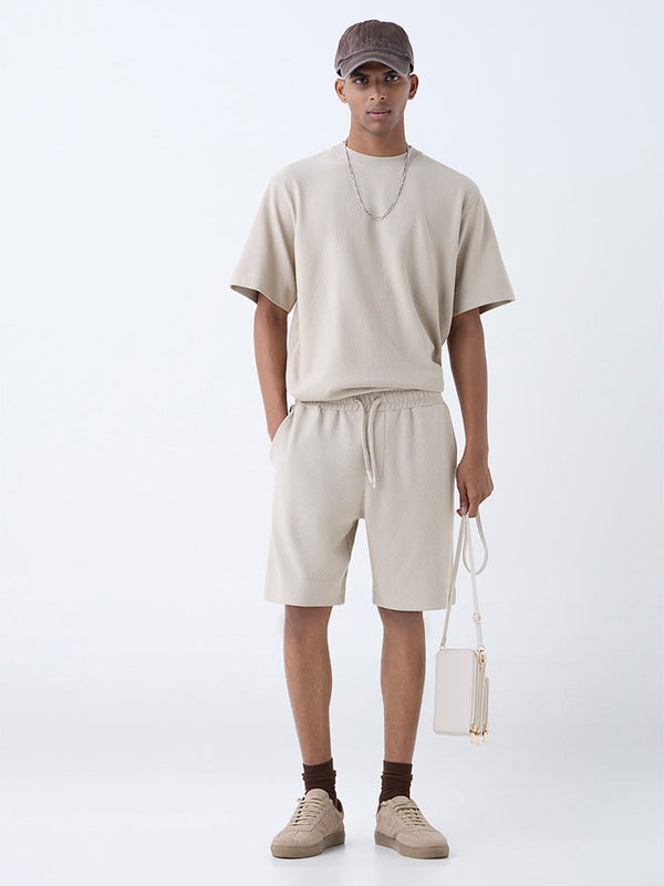 Studiofit Beige Relaxed-Fit Mid-Rise Cotton-Blend Shorts