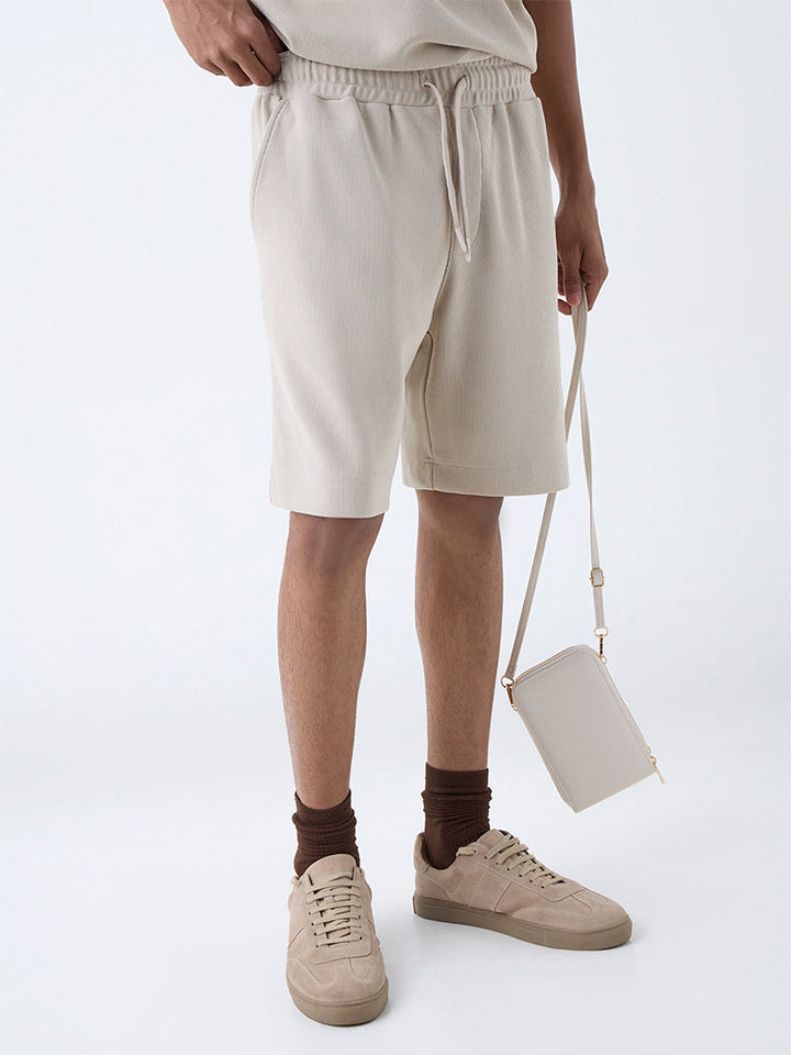 Studiofit Beige Relaxed-Fit Mid-Rise Cotton-Blend Shorts