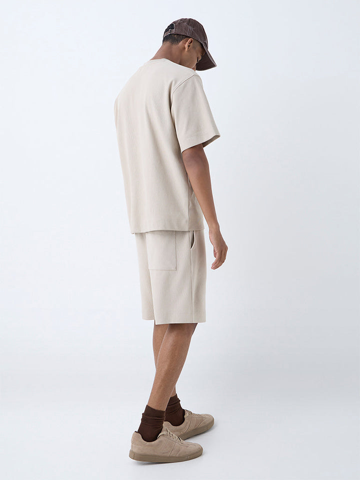 Studiofit Beige Relaxed-Fit Mid-Rise Cotton-Blend Shorts