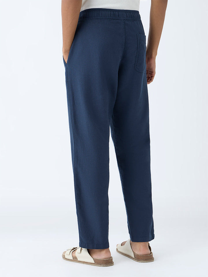 ETA Dark Blue Solid Relaxed-Fit Mid-Rise Cotton Pants