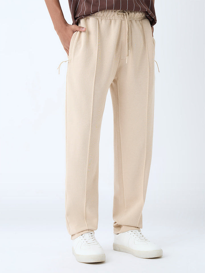 Studiofit Beige Relaxed-Fit Cotton-Blend Track Pants