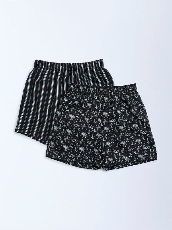 WES Lounge Black Relaxed-Fit Cotton Boxers - Pack of 2