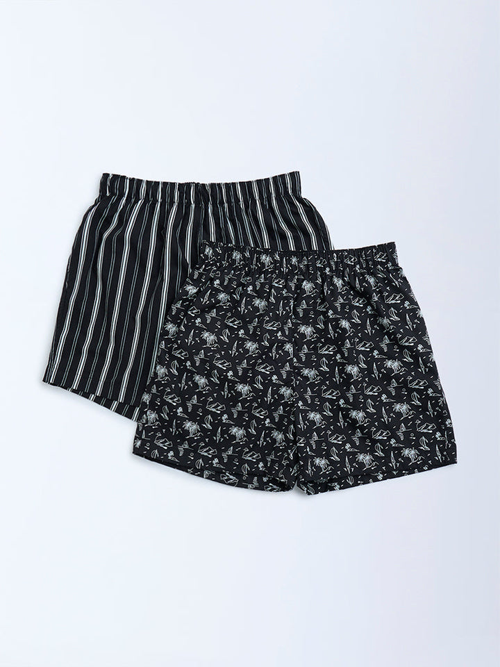 WES Lounge Black Relaxed-Fit Cotton Boxers - Pack of 2