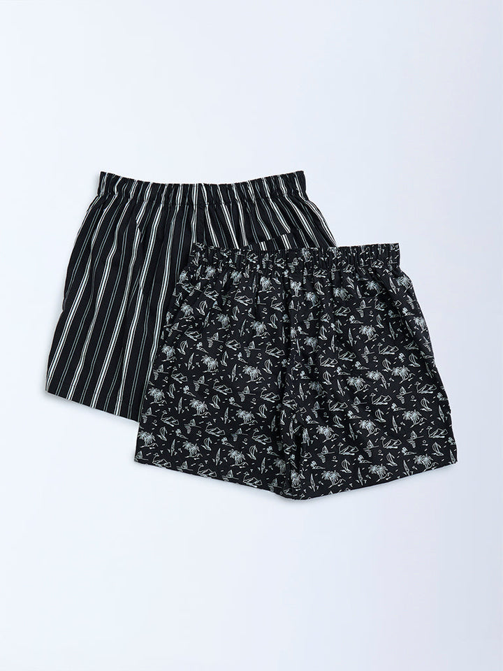 WES Lounge Black Relaxed-Fit Cotton Boxers - Pack of 2