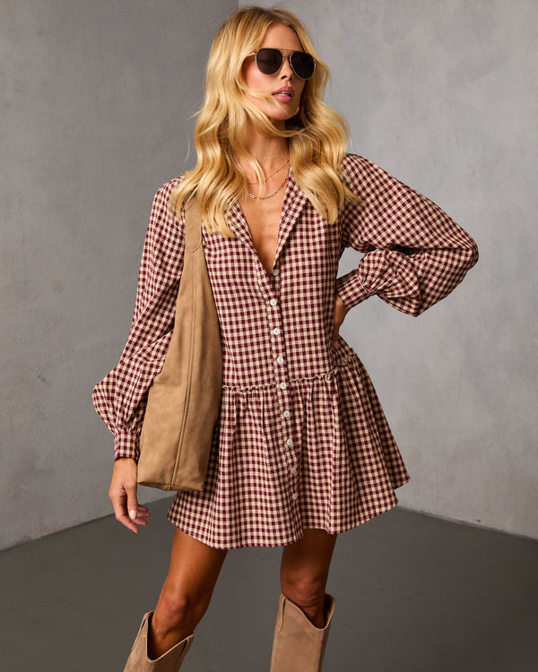 Tawnya Gingham Mini Dress Burgundy