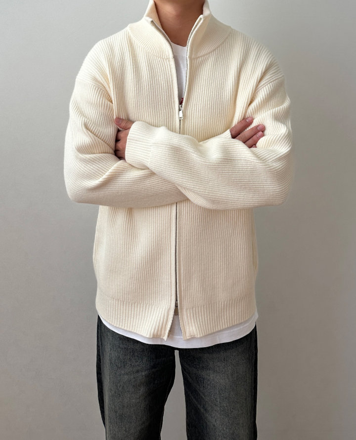 Ferrand High Collar Zip Cardigan Beige