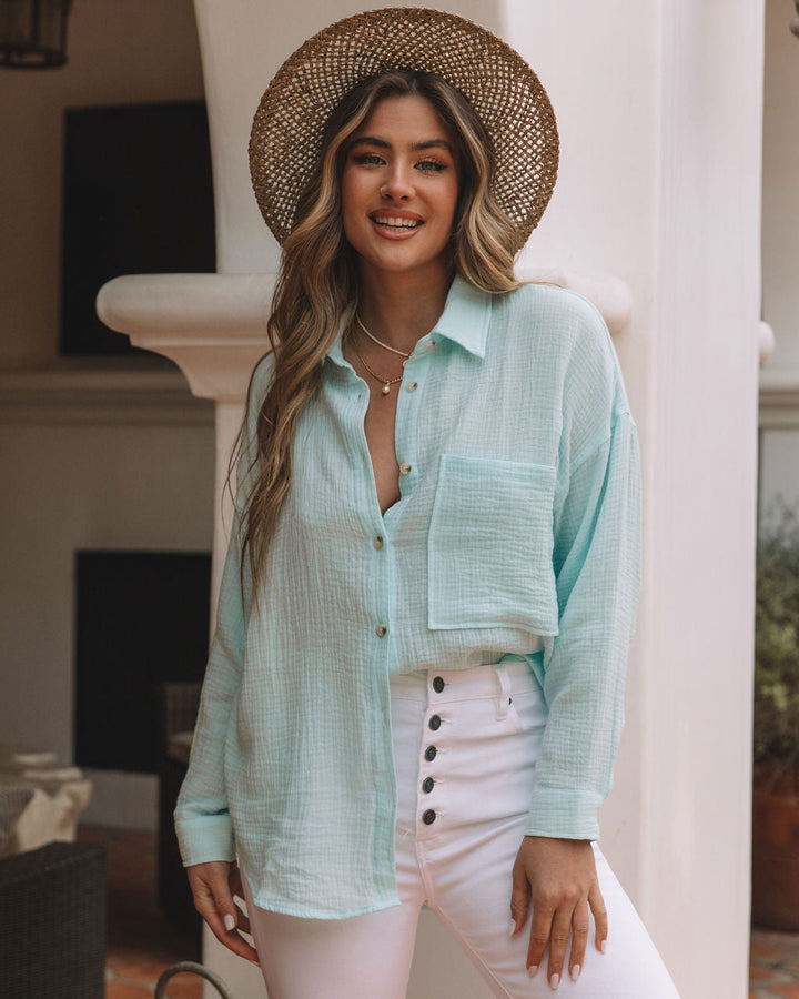 Sherlyn Satin Embossed Button Down Top Turquoise