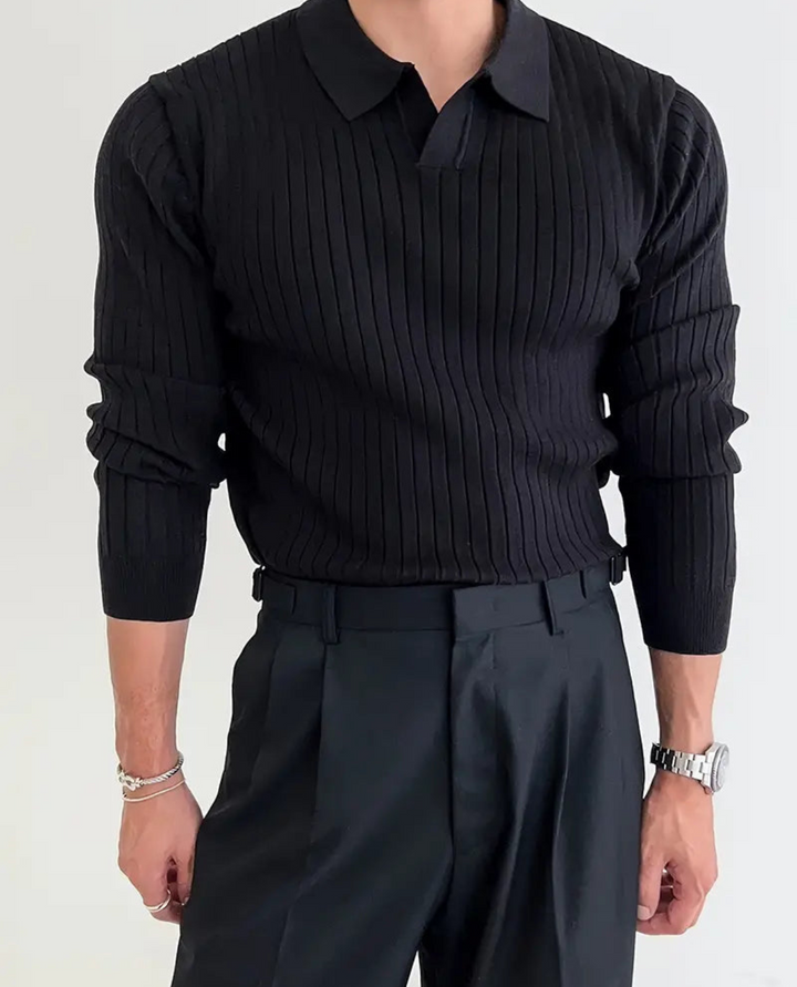 Slim-Fit Ribbed Polo Shirt Black
