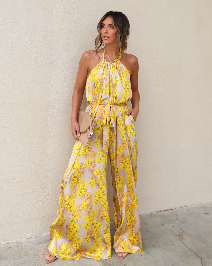 Holtz Satin Printed Halter Jumpsuit Golden Yellow