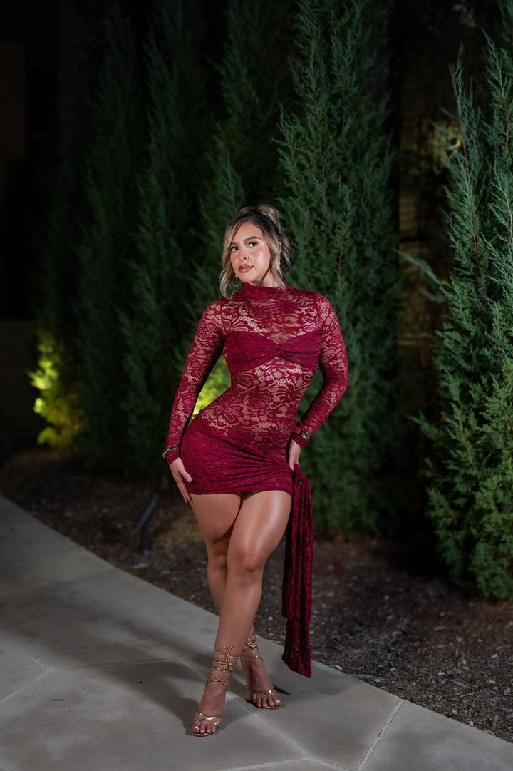 Alessia Draped Lace Mini Dress - Burgundy