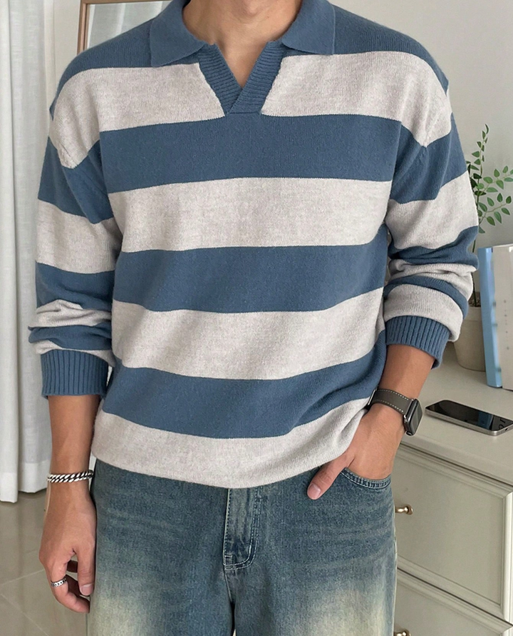 Bolzano Striped Knit Polo Sweater Light Blue
