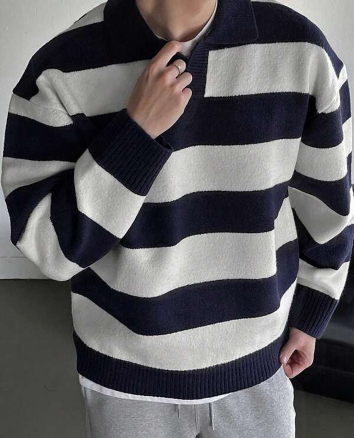 Bolzano Striped Knit Polo Sweater Navy Blue