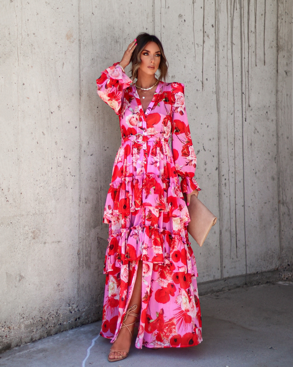 Mon Cheri Floral Chiffon Tiered Belted Maxi Dress Pink