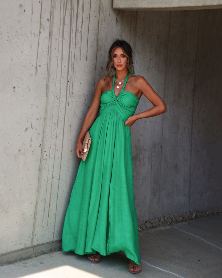 Elmhurst Ruched Halter Maxi Dress Green