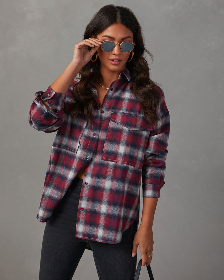 Petaluma Cotton Blend Plaid Button Down Top Wine