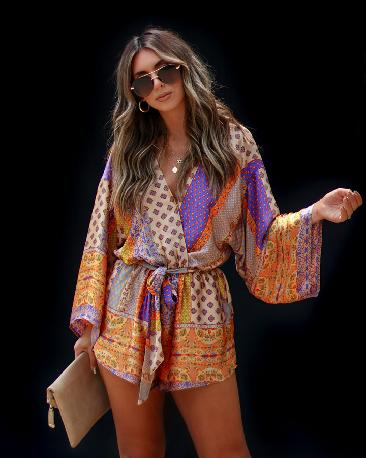 Palm Canyon Satin Tie Waist Romper Multi