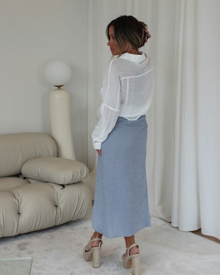 Amelie Gingham Side Tie Midi Skirt Blue