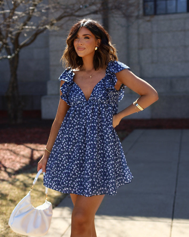 Daniela Gingham Babydoll Mini Dress Navy Floral