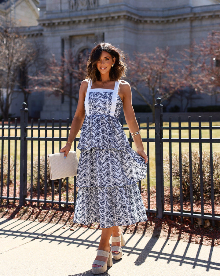 Sparrow Cotton Eyelet Tiered Midi Dress Blue White