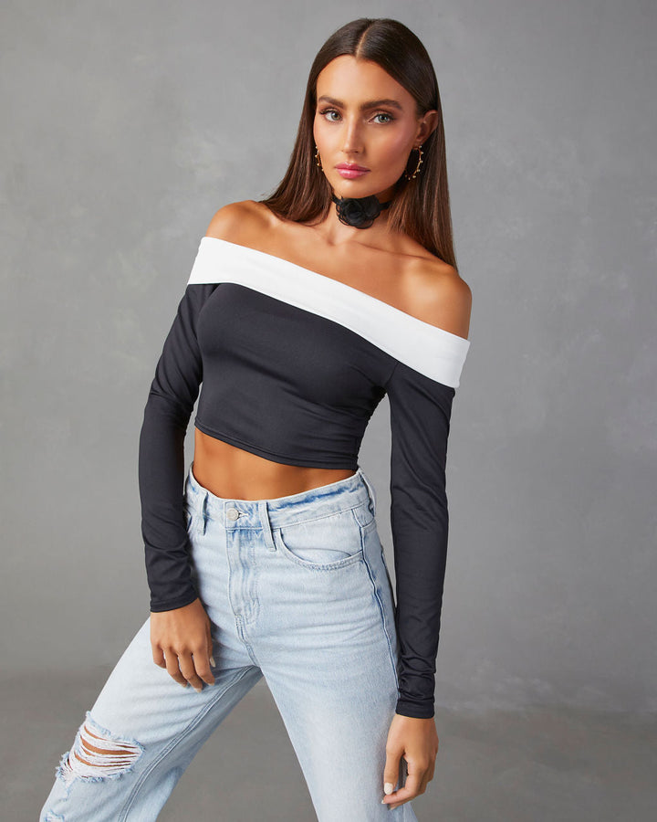 Barton Off Shoulder Long Sleeve Top Black White