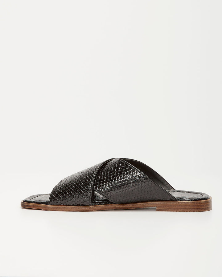 Avena Croc Embossed Slide Sandals Black