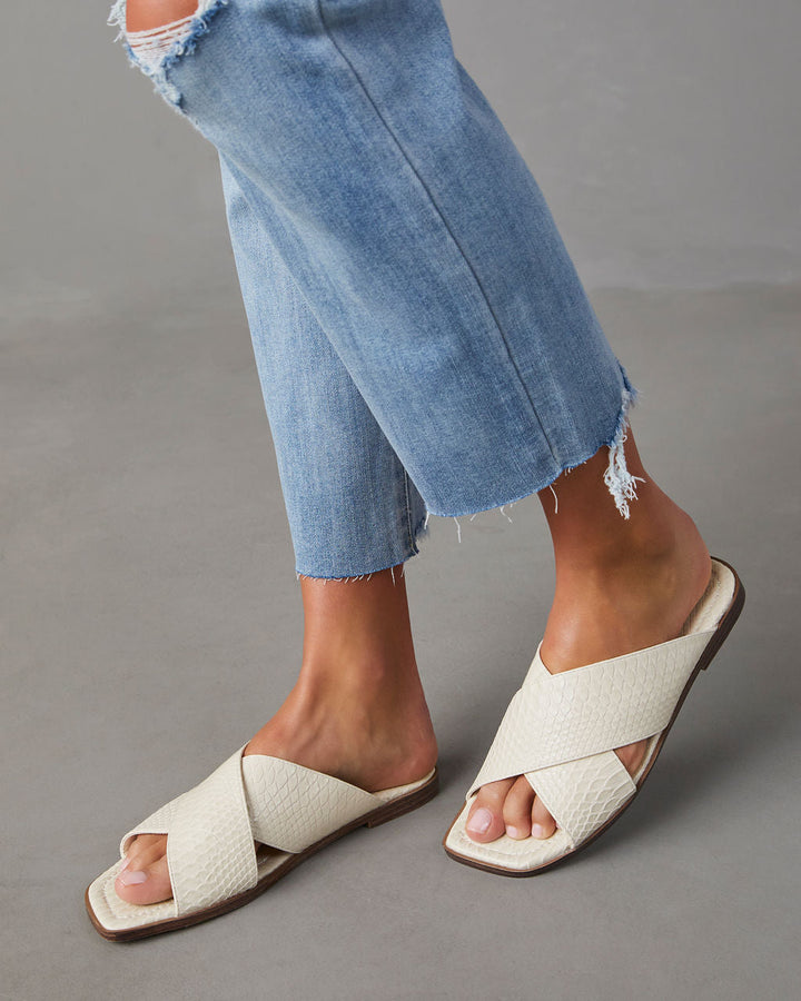 Avena Croc Embossed Slide Sandals White