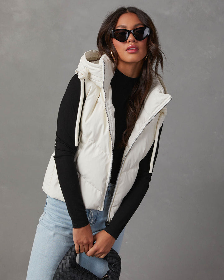 Shelton Pocketed Hooded Faux Leather Puffer Vest Cream