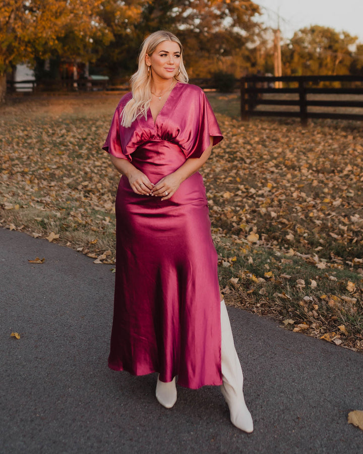 Theia Satin V-Neck Maxi Dress Magenta