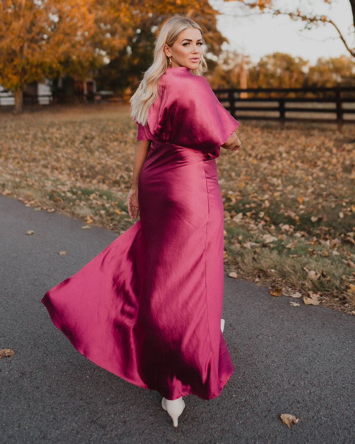 Theia Satin V-Neck Maxi Dress