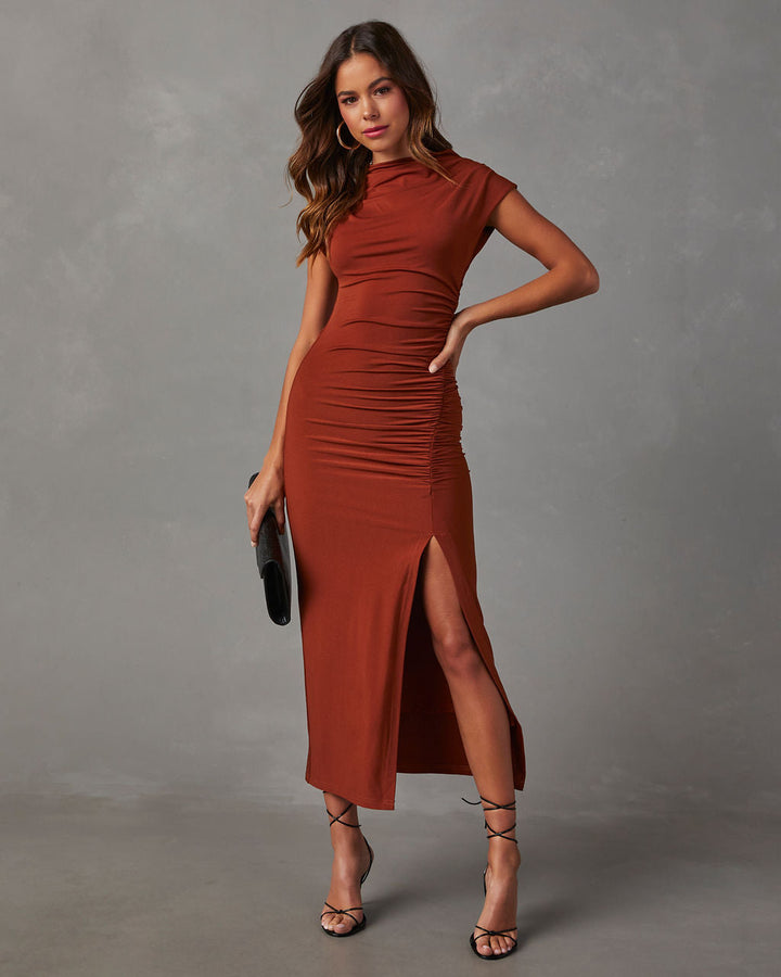 Elisabeth Mock Neck Side Slit Ruched Midi Dress Rust