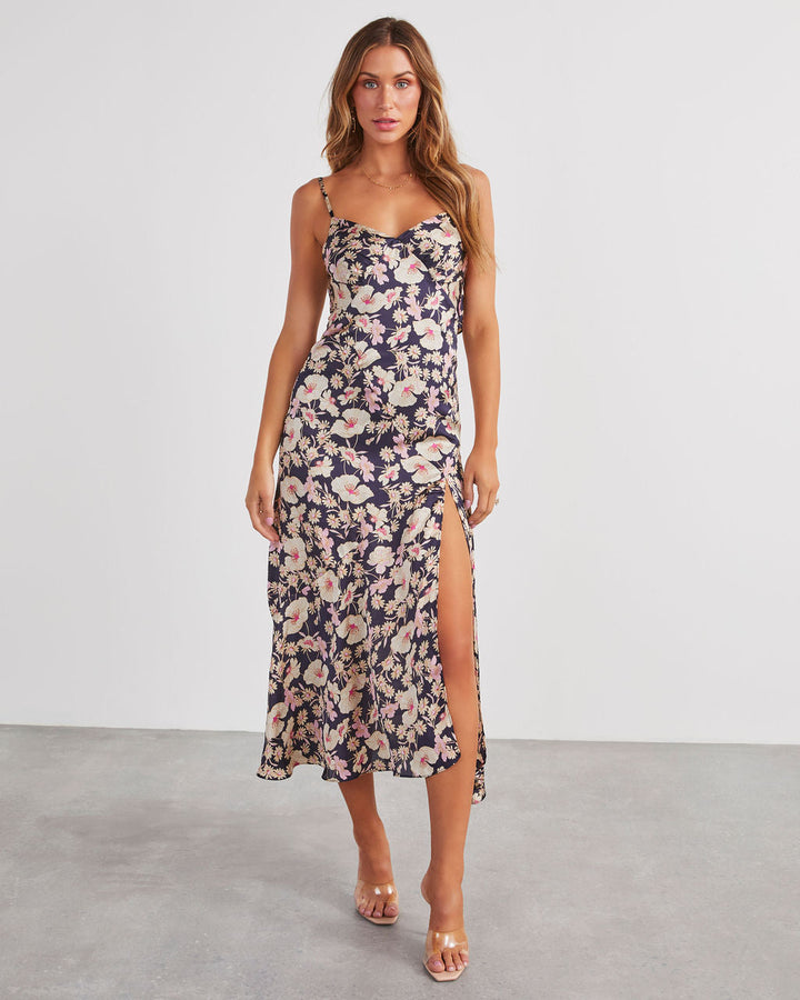 Just Go With It Satin Slit Midi Dress Floral