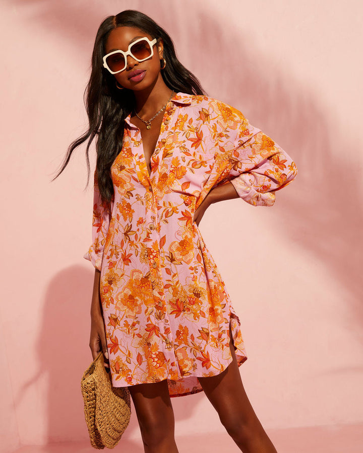 Queen Retro Printed Shirt Dress Orange Pink