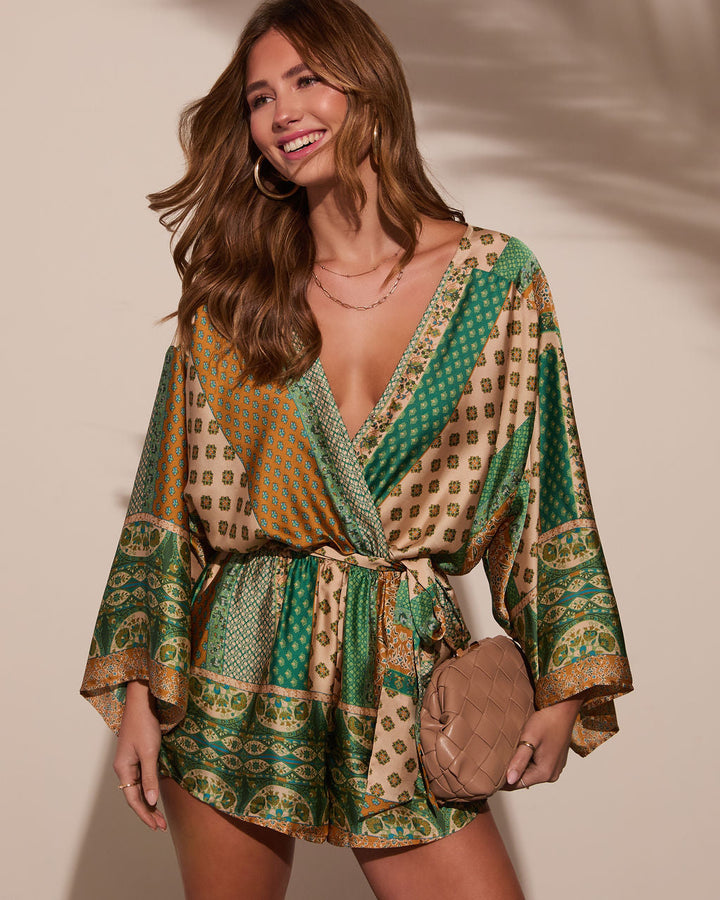 Palm Canyon Satin Tie Waist Romper Emerald