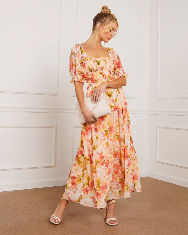 Floral Fantasy Skies Smocked Tiered Puff Sleeve Maxi Dress