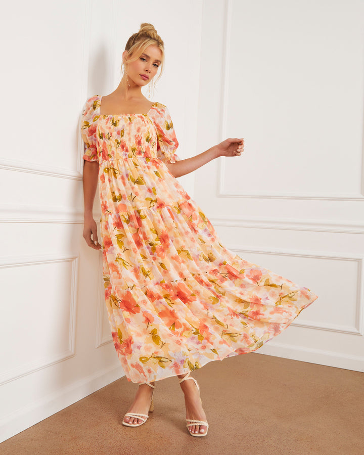 Floral Fantasy Skies Smocked Tiered Puff Sleeve Maxi Dress