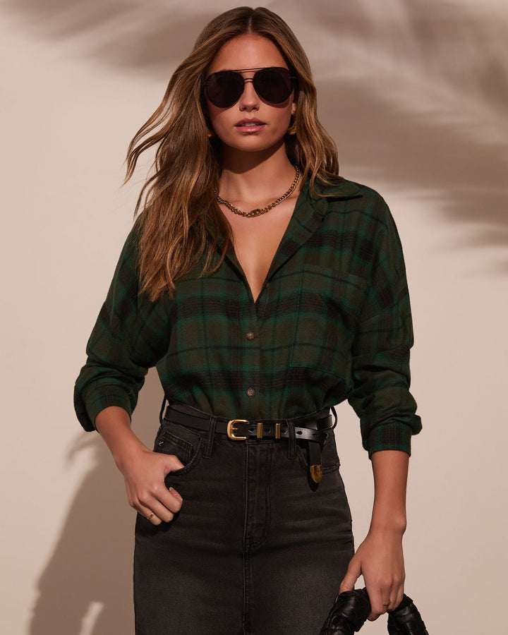 Silvie Plaid Button Down Top Hunter Green Multi