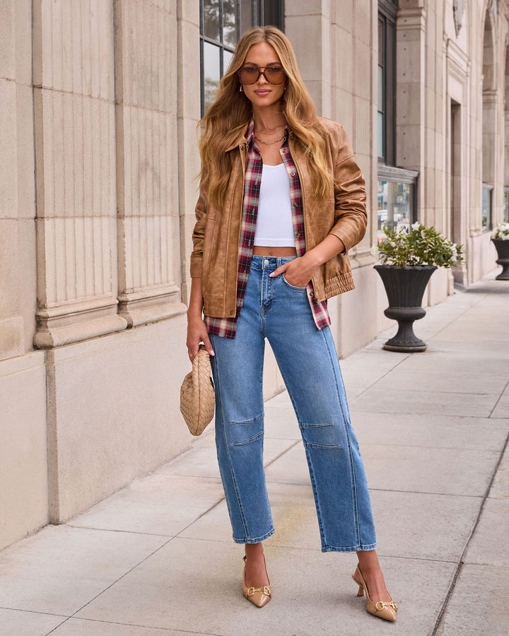 Genovah Distressed Leather Bomber Jacket Brown