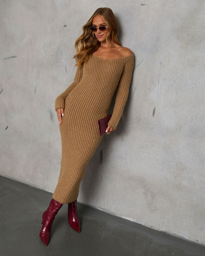 Fit Right In Off Shoulder Midi Sweater Dress Camel