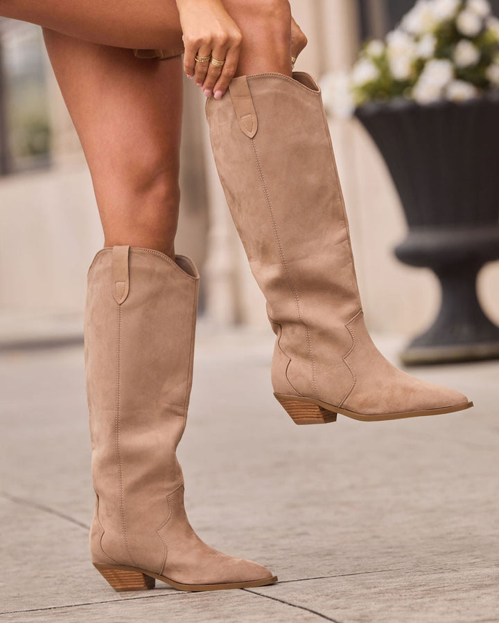 Eylana Suede Western Knee High Boot Taupe