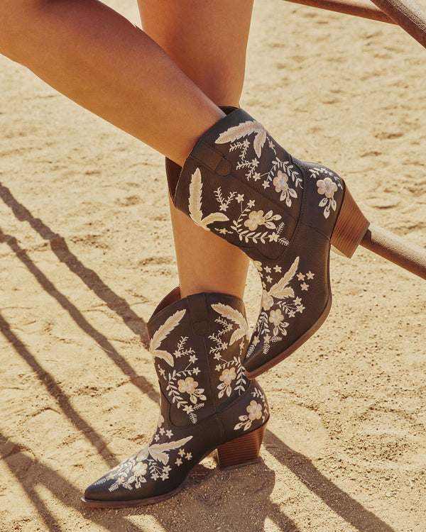 Full Bloom Embroidered Floral Western Bootie Black