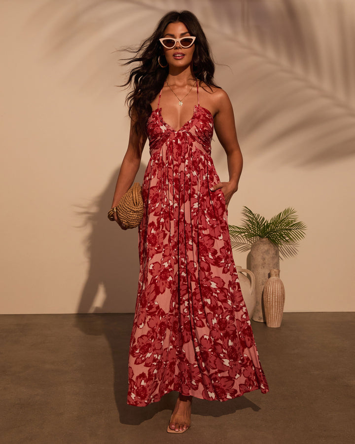 Honolulu Halter Tropical Print Maxi Dress Dark Pink