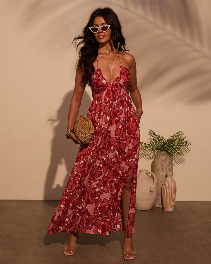 Honolulu Halter Tropical Print Maxi Dress