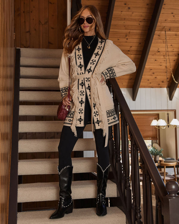 Winter Ember Abstract Waist Tie Cardigan Beige