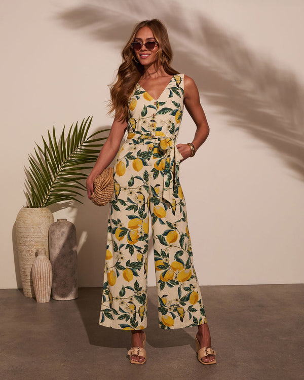Sweet Days Waist Tie Jumpsuit Lemon Garden