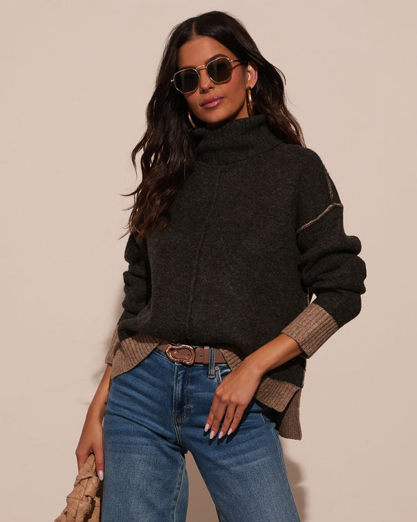 By The Way Contrast Turtleneck Sweater Charcoal