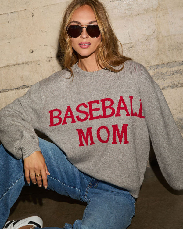 Baseball Mom Knit Pullover Sweater Grey Red